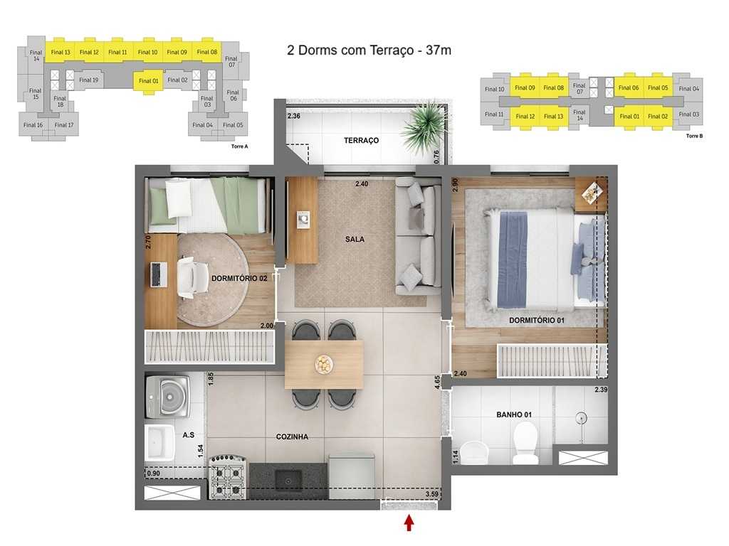 Planta - Chacara Santo Antonio, Apartamento, venda 2 dormitórios, terraço, 37m, lazer completo. Financiamento Caixa Minha Casa Minha Vida - SBRX