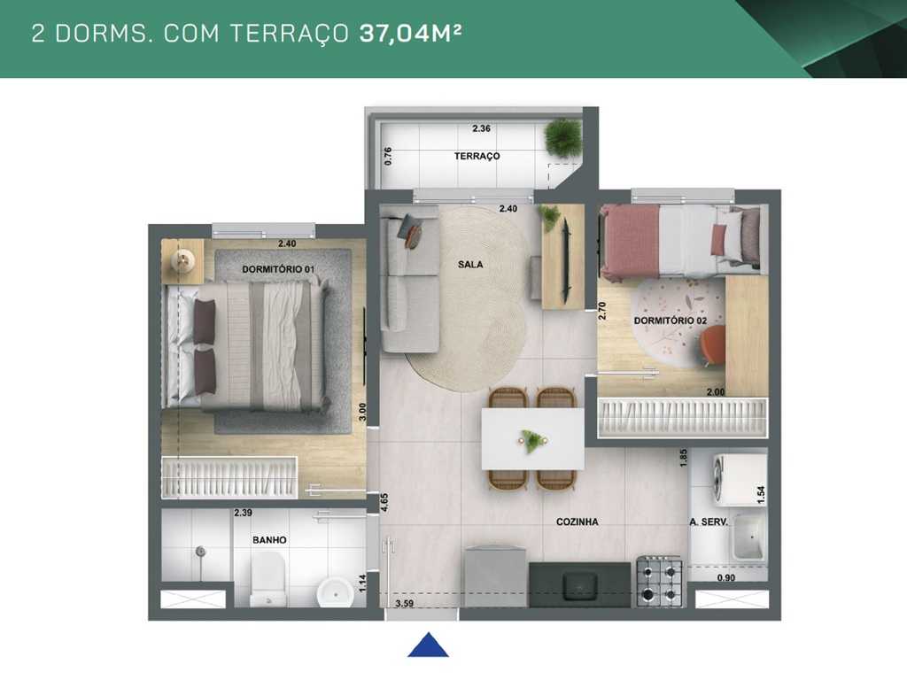Planta - Apartamento à venda, 2 Dormitorios com terraço. 37m². Ao lado do Metro. Água Branca, Barra Funda. Amplo lazer. Financiamento Caixa - SBRX