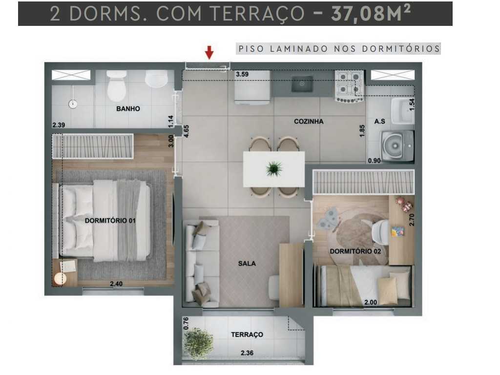 Planta - Apartamento à venda, 2 quartos, terraço e vaga, 38m². Lazer completo. Zona Oeste. São Paulo, Barra Funda. Financiamento Caixa - SBRX