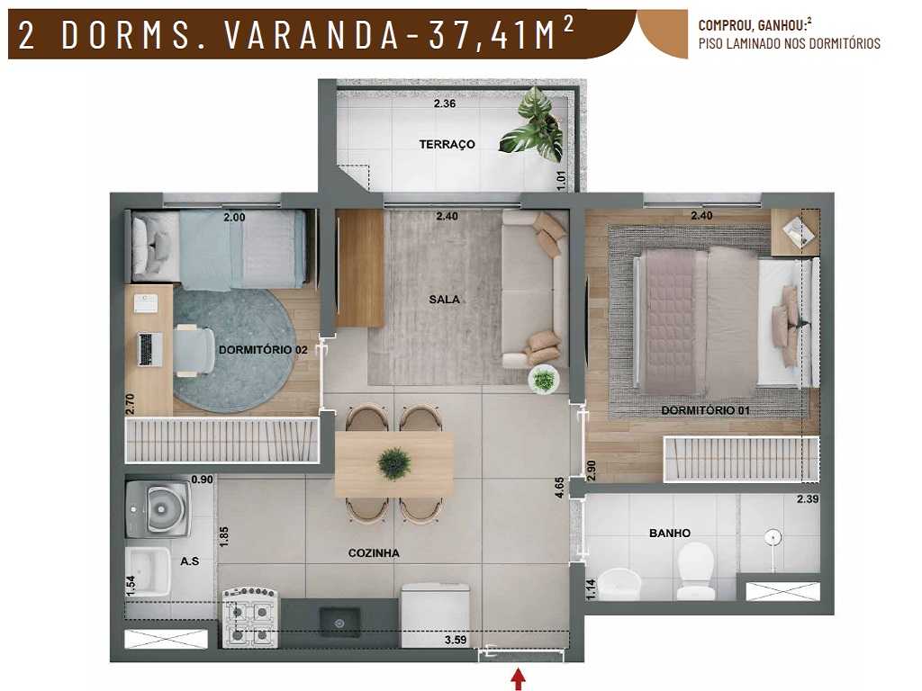Planta - Apartamento 2 Dorms, Terraço, 37m, Lazer. Ao lado Estação Granja Julieta. Chacara Santo Antonio, zona Sul - SBRX