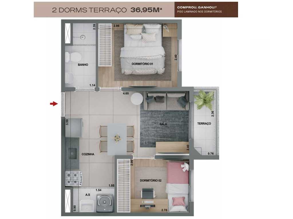 Planta - Bom Retiro. Apartamento 2 Dorms e Terraço. 37m². Lazer Terreo e Cobertura. Financiamento Caixa. Ao lado Futura Estação Bom Retiro - SBRX