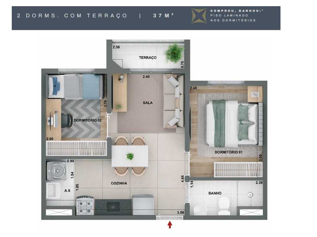 Planta - Apartamento à venda, Freguesia do Ó, 2 quartos, terraço 38m². Lazer. 400m da breve Estação Freguesia do Ó. Financiamento Caixa. Minha Casa Minha Vida - SBRX
