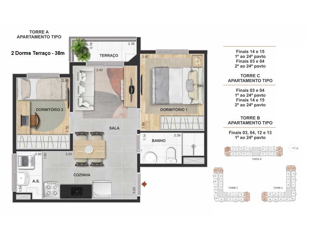 Planta - Apartamento 2 Dorms, Terraço e Vaga, 38m. Lazer Completo! Guarulhos, Ponte Grande. Ao lado da Futura Estação Metro Guarulhos. Financiamento Caixa - SBRX