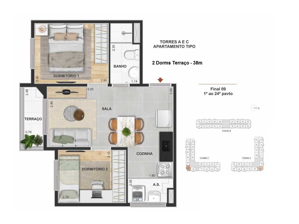 Planta - Apartamento 2 Dorms, Terraço e Vaga, 38m. Lazer Completo! Guarulhos, Ponte Grande. Ao lado da Futura Estação Metro Guarulhos. Financiamento Caixa - SBRX