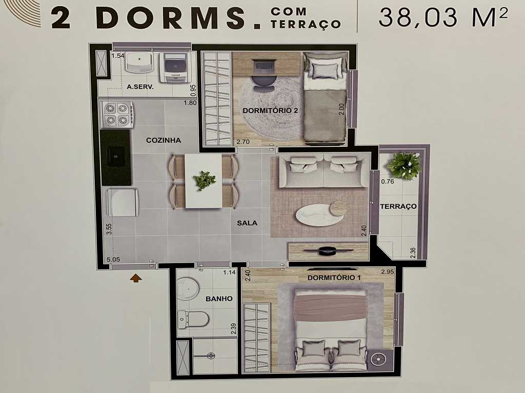 Planta - Apartamento 2 Dorms e Terraço. 38m. Venda, Zona Oeste, Vila Romana, Pompeia,São Paulo. Proximo Metro  e Financiamento Caixa - SBRX