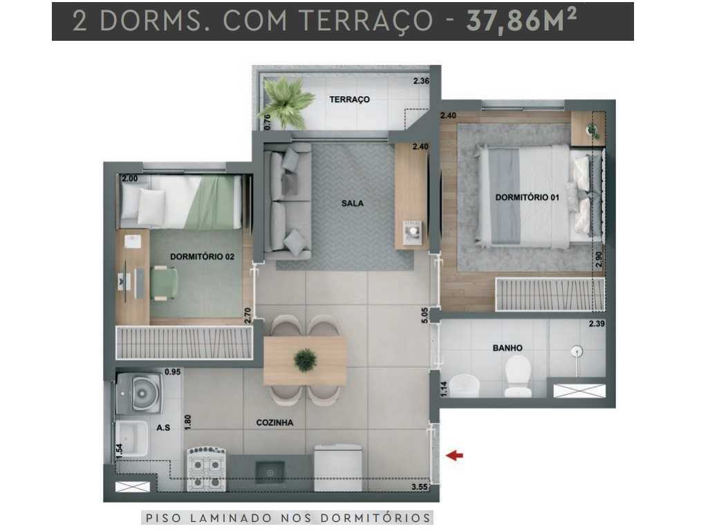 Planta - Apartamento à venda, 2 quartos, terraço, 38m². Lazer completo. Zona Oeste. São Paulo, Barra Funda. Financiamento Caixa. Minha Casa Minha Vida - SBRX