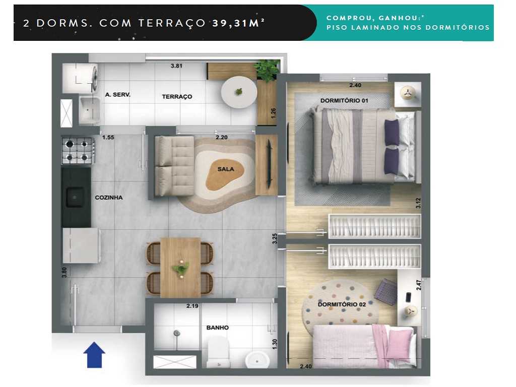 Planta - Apartamento 2 Dorms, Terraço, 39m, Lazer, zona oeste, Jaguare ao lado da USP, Financiamento Caixa - SBRX