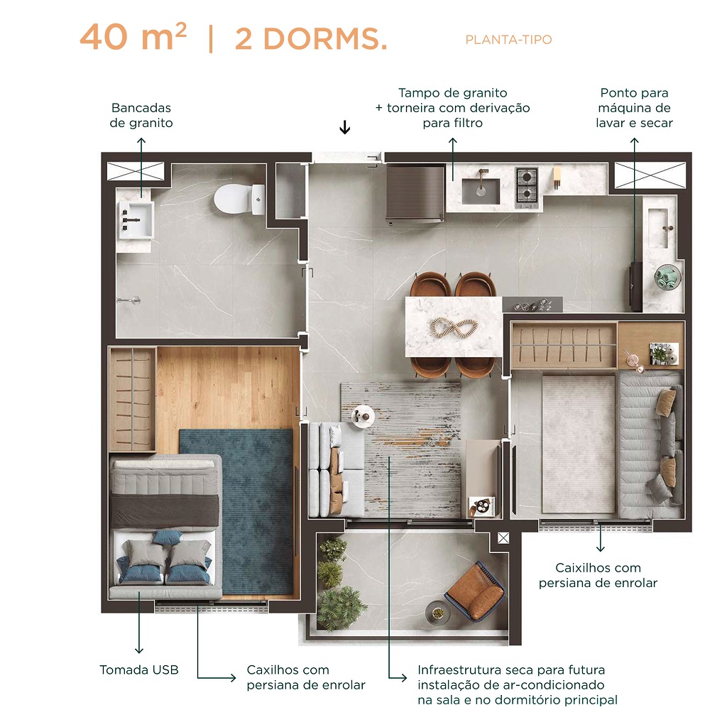 Planta - Apartamento Campo Belo, 2 dormitorios e terraço. 40m², amplo lazer. Novo, à venda em São Paulo, Campo Belo, Ibirapuera. Metro - SBRX