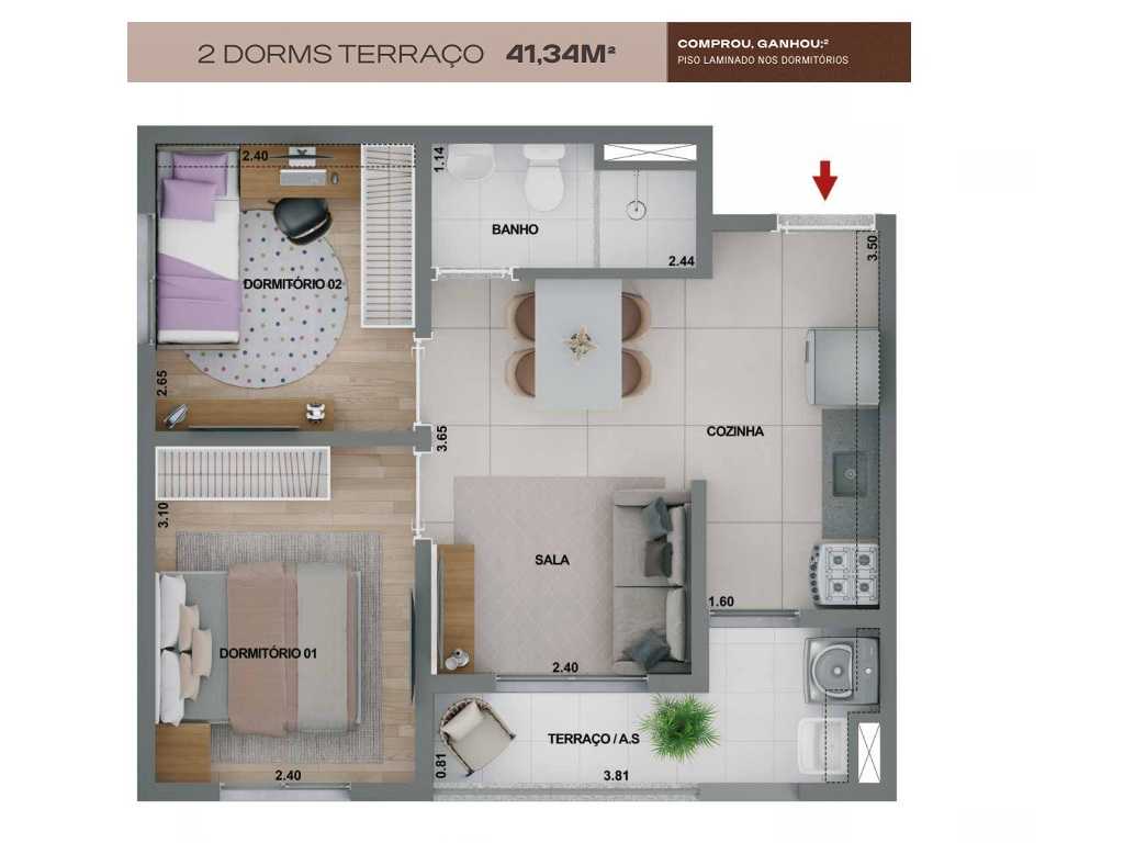 Planta - Bom Retiro. Apartamento 2 Dorms e Terraço. 42m². Lazer Terreo e Cobertura. Financiamento Caixa. Ao lado Futura Estação Bom Retiro - SBRX