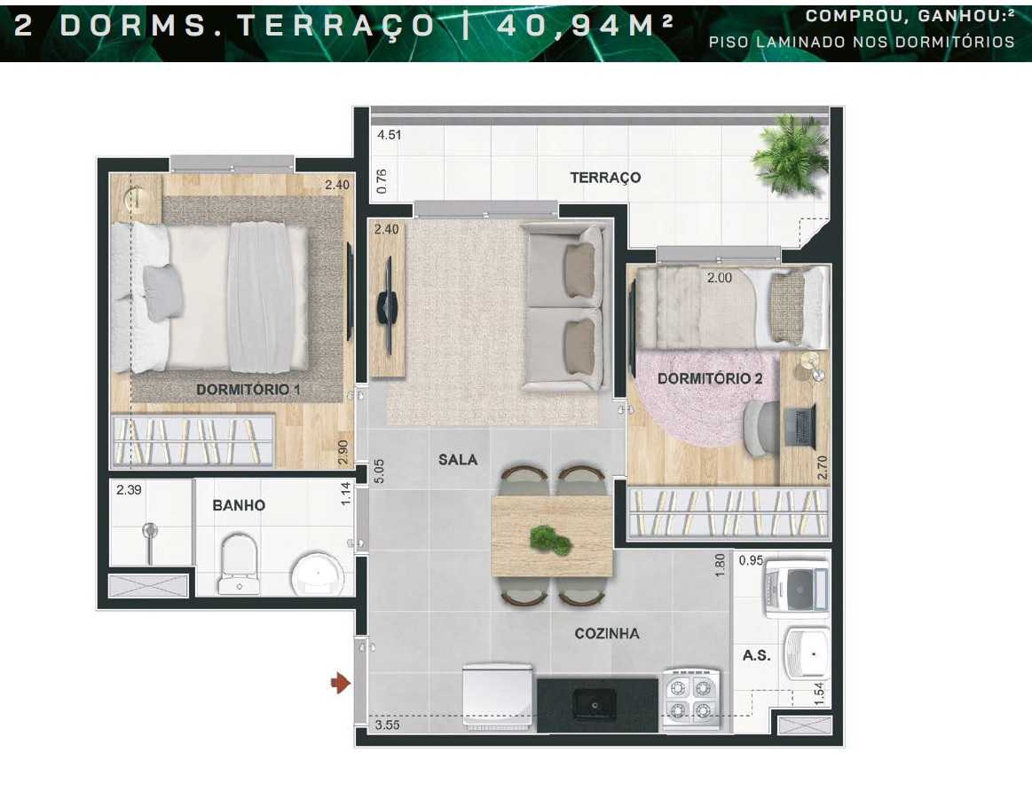 Planta - Apartamento 2 Dorms, Terraço, 41m, Lazer Terreo e Cobertura. Estação João Dias. Chacara Santo Antonio, zona Sul. Fanaciamento Caixa - SBRX