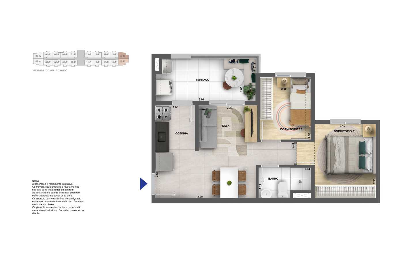 Planta - Apartamento à venda, 2 Dormitorios com amplo terraço. 42m². Ao lado do Metro. Água Branca, Barra Funda. Amplo lazer. Financiamento Caixa - SBRX
