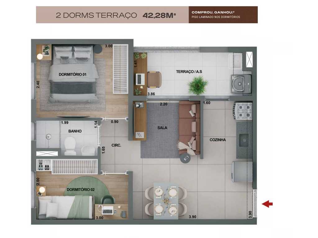 Planta - Bom Retiro. Apartamento 2 Dorms e Terraço. 42m². Lazer Terreo e Cobertura. Financiamento Caixa. Ao lado Futura Estação Bom Retiro - SBRX