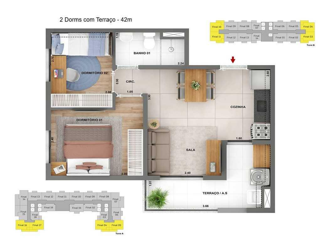 Planta - Apartamento, venda 2 dormitórios, amplo terraço, 42m, plantas inteligentes, lazer. Financiamento Caixa - SBRX
