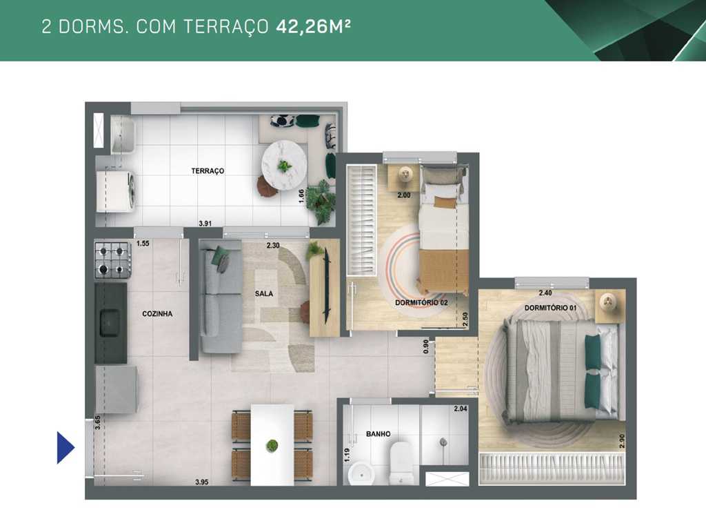 Planta - Apartamento à venda, 2 Dormitorios com amplo terraço. 42m². Ao lado do Metro. Água Branca, Barra Funda. Amplo lazer. Financiamento Caixa - SBRX