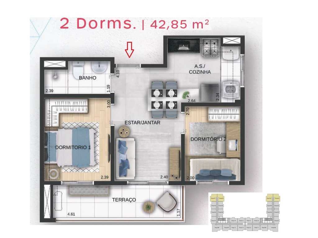 Planta - Apartamento Campo Limpo, 2 Dorms e Terraço. Lazer Completo. Ao lado do Shopping e Metro Campo Limpo. Financiamento Caixa. - SBRX