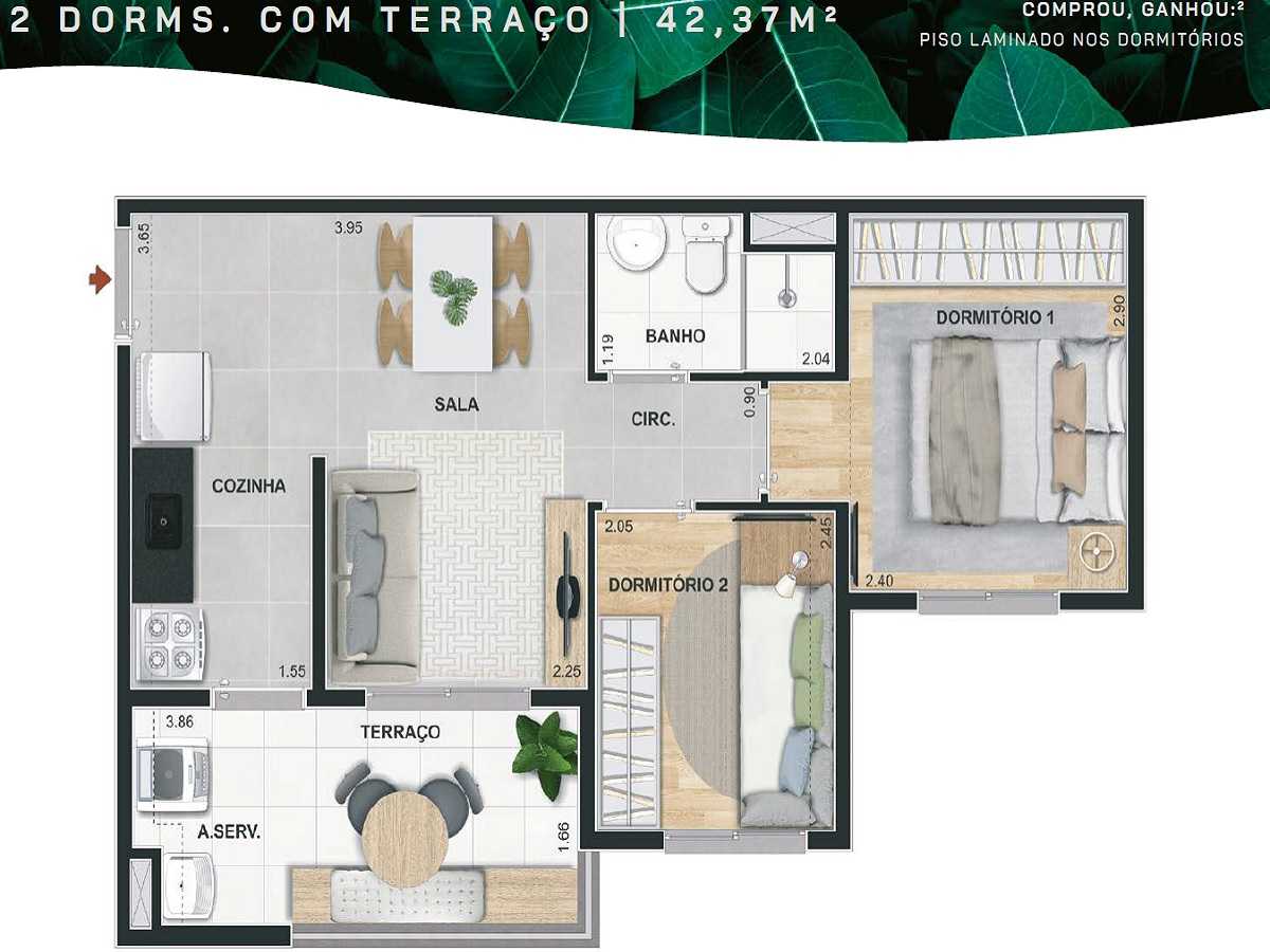 Planta - Apartamento 2 Dorms, Terraço e Vaga, 42m, Lazer Terreo e Cobertura. Estação João Dias. Chacara Santo Antonio, zona Sul. Fanaciamento Caixa - SBRX