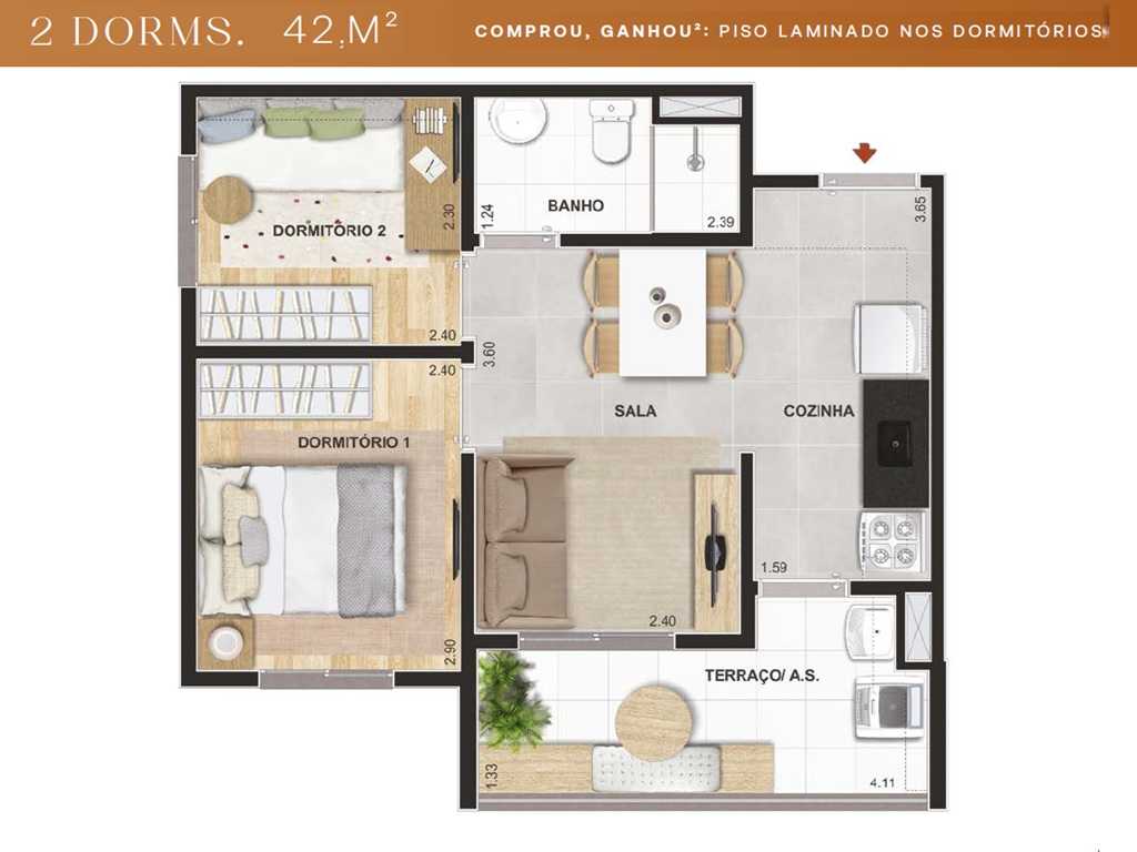 Planta - Apartamento 2 Dormitórios e Terraço, 42m, na Guarapiranga, Interlagos. Lazer Terreo e Cobertura. Próximo Estação Socorro. Financiamento Caixa - SBRX