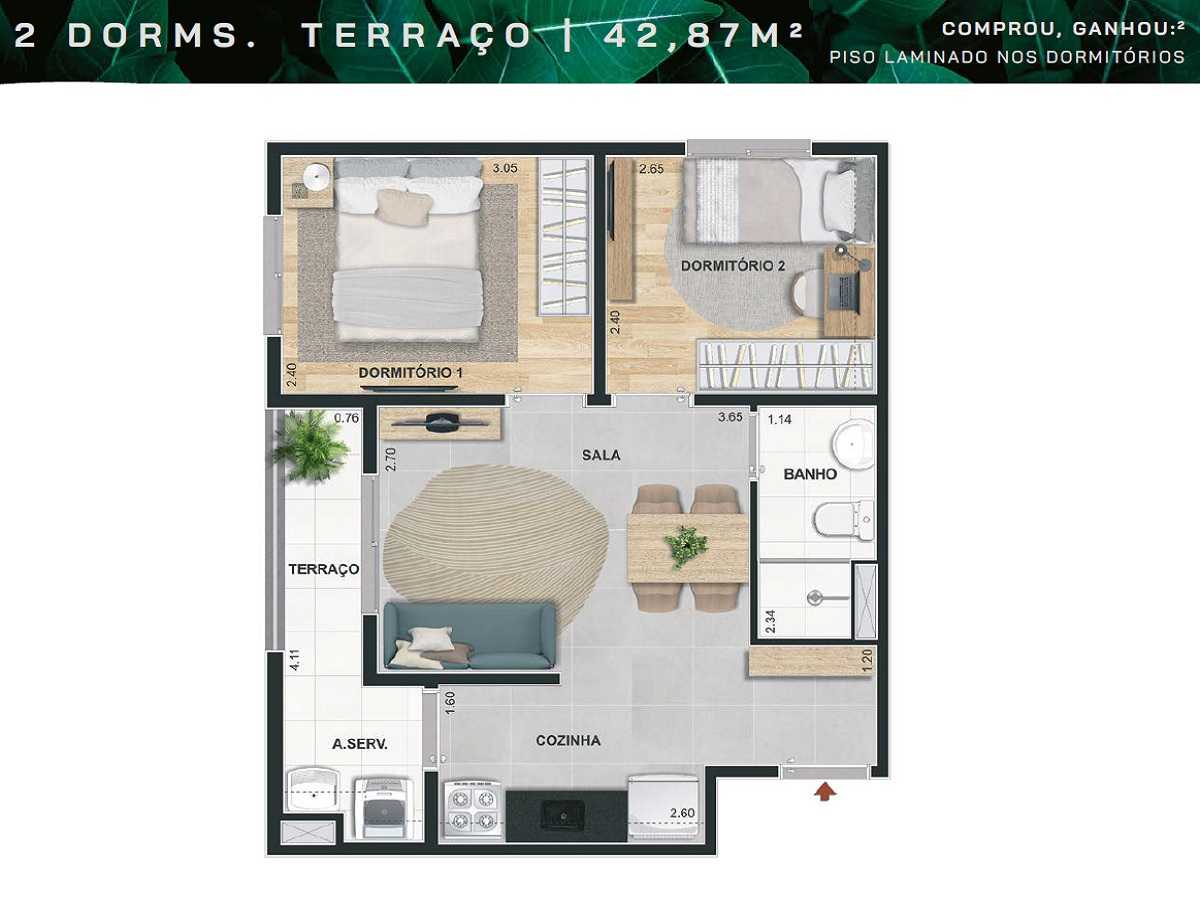 Planta - Apartamento 2 Dorms, Terraço, 43m, Lazer Terreo e Cobertura. Estação João Dias. Chacara Santo Antonio, zona Sul. Fanaciamento Caixa - SBRX