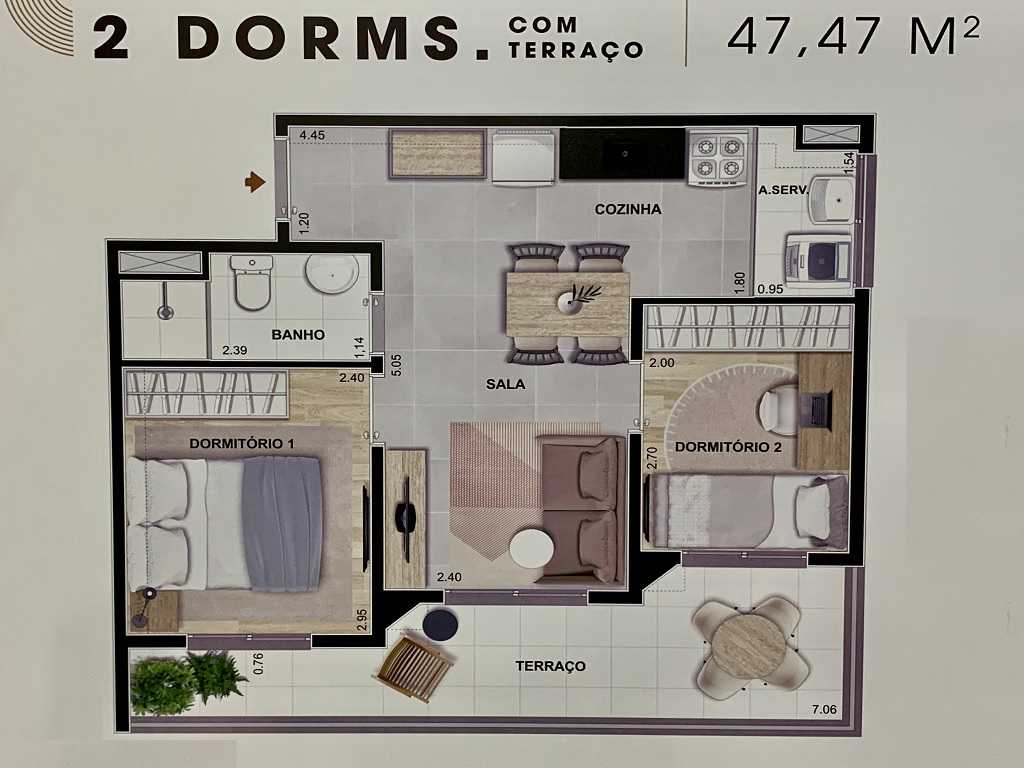 Planta - Apartamento 2 Dorms e amplo Terraço. 47m. Venda, Zona Oeste, Vila Romana, Pompeia,São Paulo. Proximo Metro  e Financiamento Caixa - SBRX