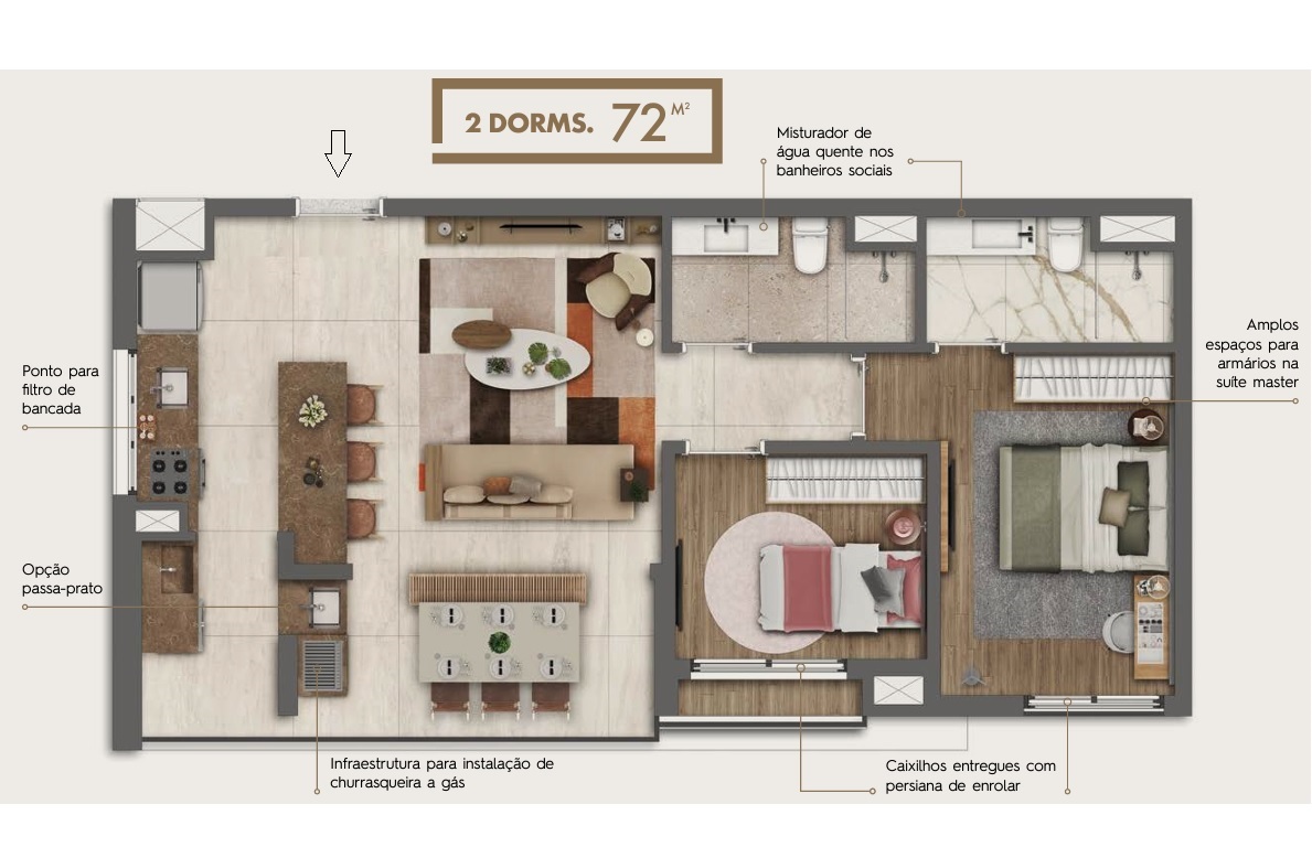 Planta - Brooklin, Apartamento com 2 dormitorios, suite, terraço e vaga, 72m². Metro Brooklin. Novo, à venda em São Paulo, Zona Sul - SBRX