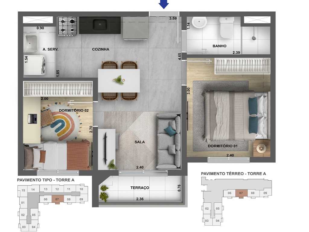 Planta - Apartamento 2 dormitórios, terraço, 37m. Lazer completo. Financiamento Caixa e Tabela Direta. Zona Sul, Sacoma. Agende sua visita! - SBRX