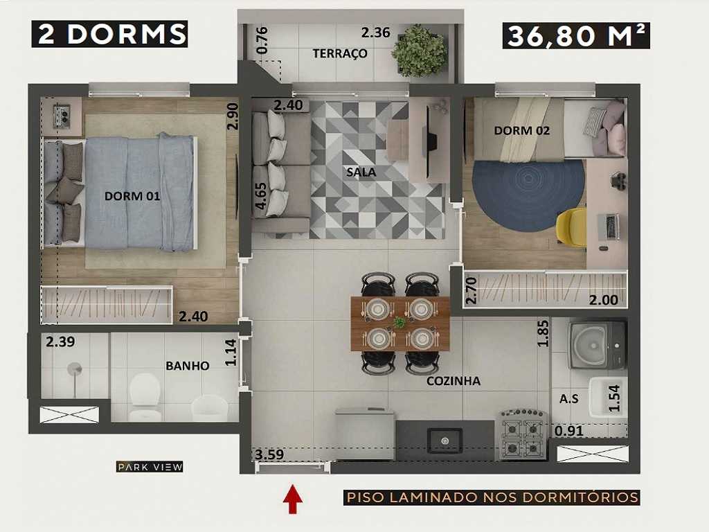 Planta - City América, Apartamento 2 Dormitórios e Terraço. Lazer e muito espaço, verde e qualidade de vida! Financiamento Caixa. - SBRX