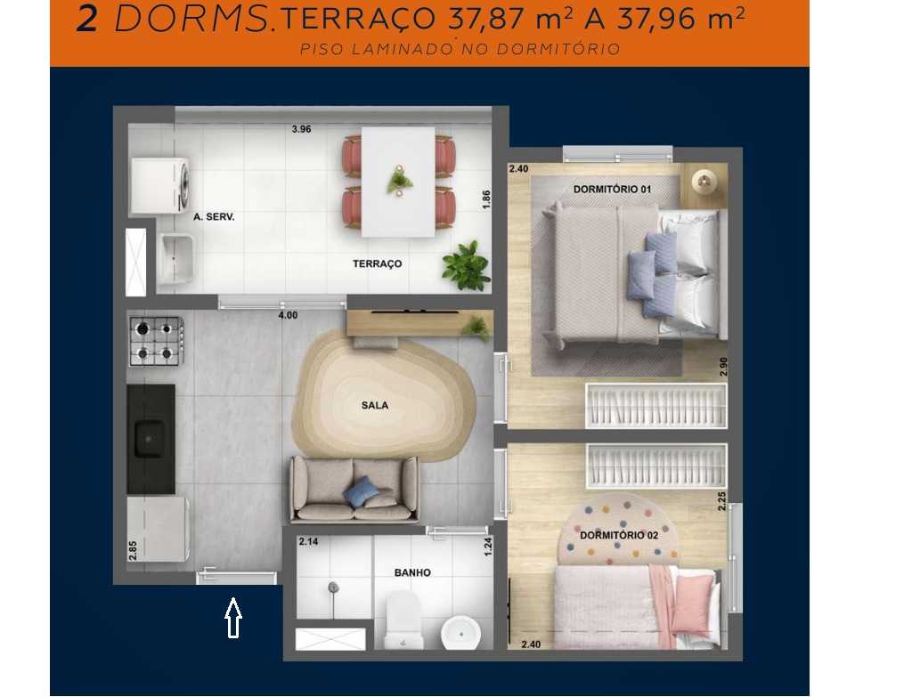Planta - Apartamento 2 dorms terraço, 38m, amplo lazer, estação metro Santa Marina. Financiamento Caixa. Minha Casa Minha Vida - SBRX