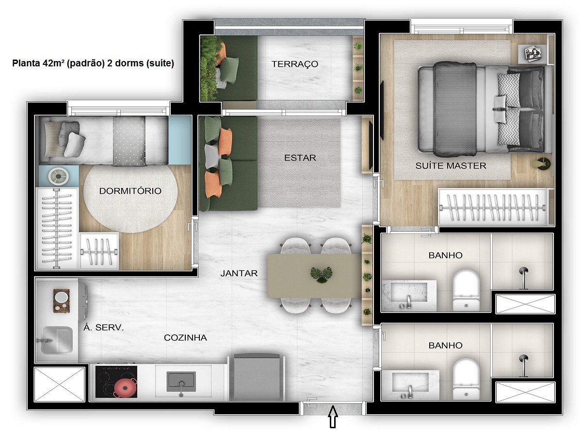 Planta - Apartamento 2 dormitorios, suite e terraço. Novo à venda em São Paulo, Conceição, jabaquara. Metro Conceição. Lazer Completo - SBRX
