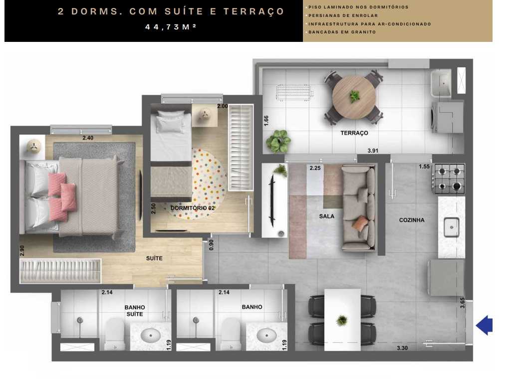Planta - Apartamentos 2 Dorms suíte, terraço e vaga. 45m². Lazer no Terreo e Cobertura. Agua Branca, Estação Santa Marina. Financiamento Caixa - SBRX