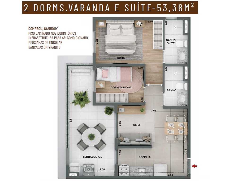 Planta - Apartamento 2 Dorms, Suite, Terraço e Vaga, 53m, Lazer. Ao lado Estação Granja Julieta. Chacara Santo Antonio, zona Sul - SBRX