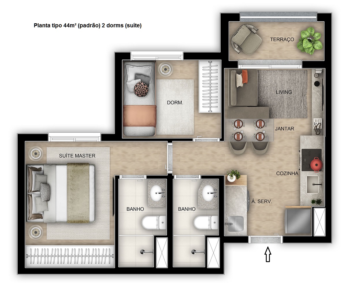 Planta - Apartamento com 2 dormitorios, suite e terraço. Novo à venda em São Paulo, Conceição, jabaquara. Metro Conceição. Lazer Completo - SBRX
