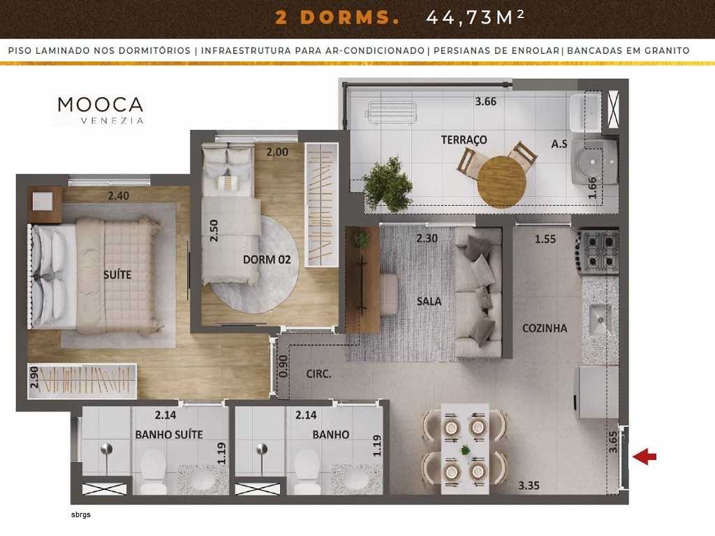 Planta - Apartamento moderno, 2 dorms, suíte, terraço e vaga. 45m. Lazer completo. Zona leste, central. Financiamento Caixa, Minha Casa Minha Vida ou Tab Diret - SBRX