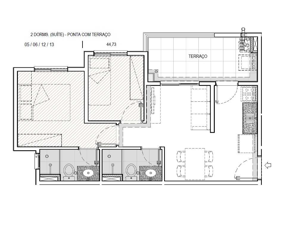 Planta - Apartamento moderno, 2 dorms, suíte, terraço e vaga. 45m. Lazer completo. Zona leste, central. Financiamento Caixa, Minha Casa Minha Vida ou Tab Diret - SBRX