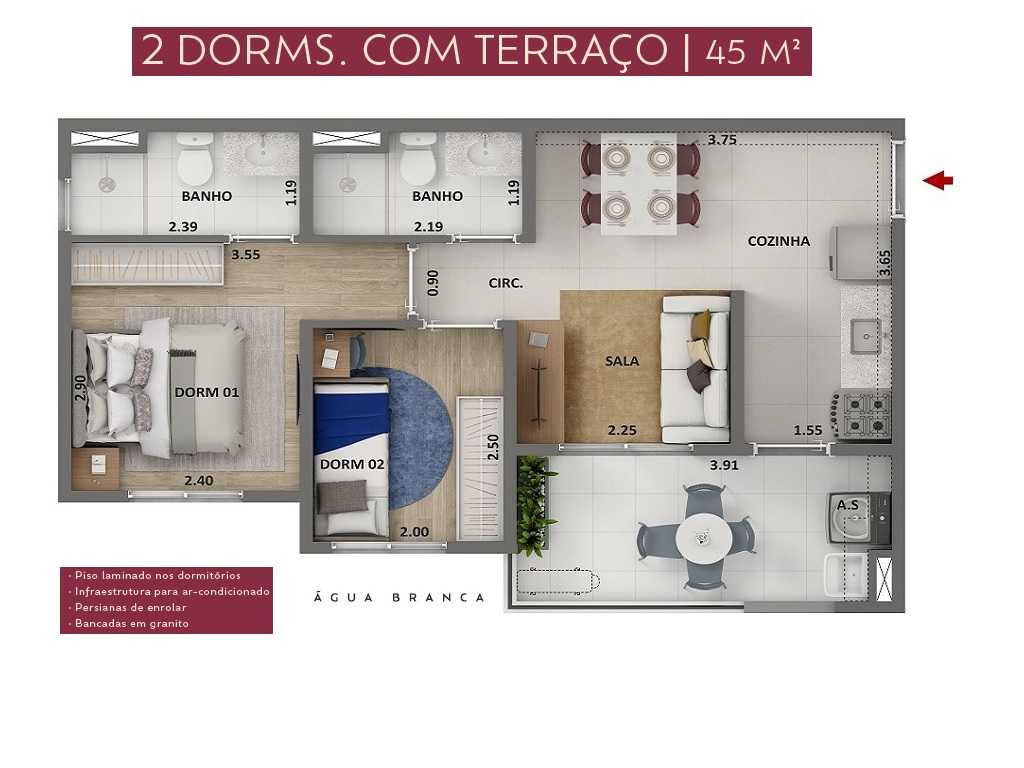 Planta - Apartamento 2 Dorms, Suíte, Terraço, Vaga. 46m. Lazer Terreo e Cobertura. Agua Branca, Lapa. Prox. Metro e CPTM. Financiamento Caixa ou Tab Direta - SBRX