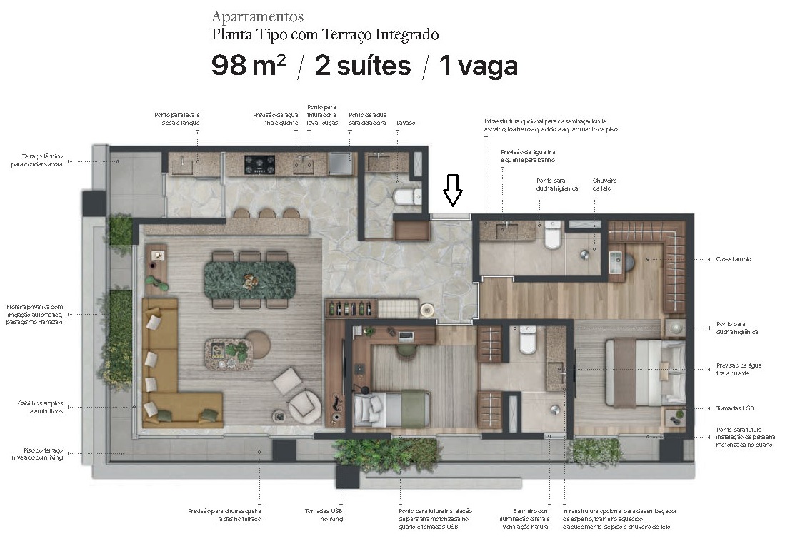 Planta - Apartamento exclusivo, 98m², 2 Suites, Lavabo, Terraços, Vaga, alto padrão, venda, Itaim Bibi, São Paulo - SBRX