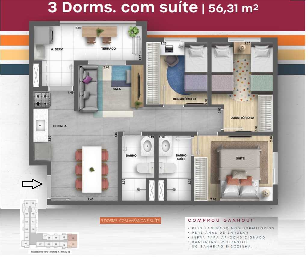 Planta - Apartamento Campo Limpo, 3 Dorms, Suite, Terraços e Vaga. 56m. Lazer Completo. Ao lado do Shopping e Metro Campo Limpo. Financiamento Caixa. - SBRX