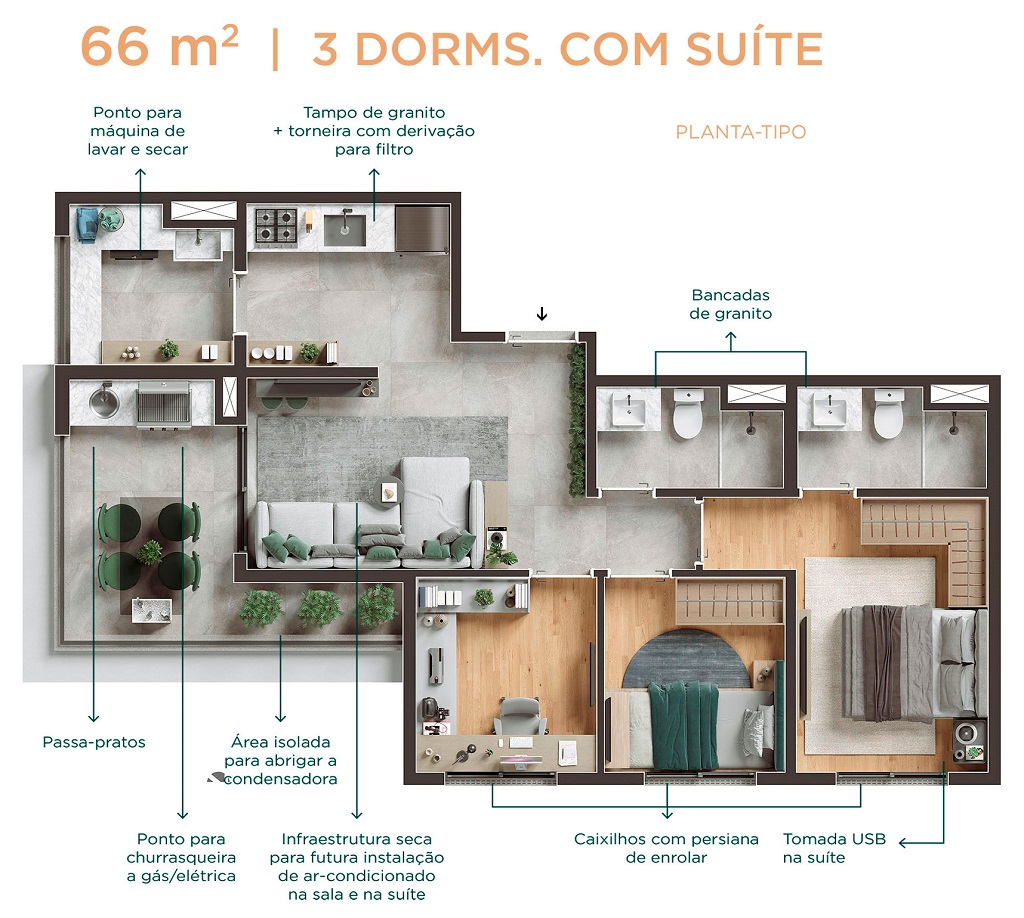 Planta - Apartamento Campo Belo, 3 dormitorios, suite, terraço e vaga. 66m², amplo lazer. Novo, à venda em São Paulo, Campo Belo, Ibirapuera. Metro - SBRX