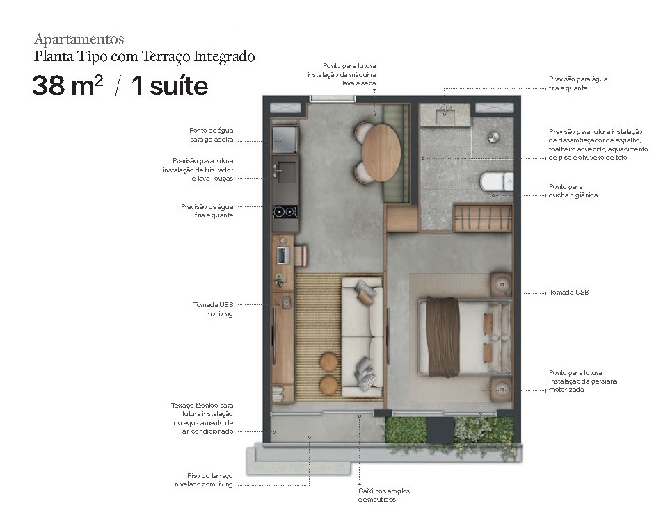 Planta - Apartamento exclusivo, 38m², Suite ou Studio, Terraços, alto padrão, venda, Itaim Bibi, São Paulo - SBRX
