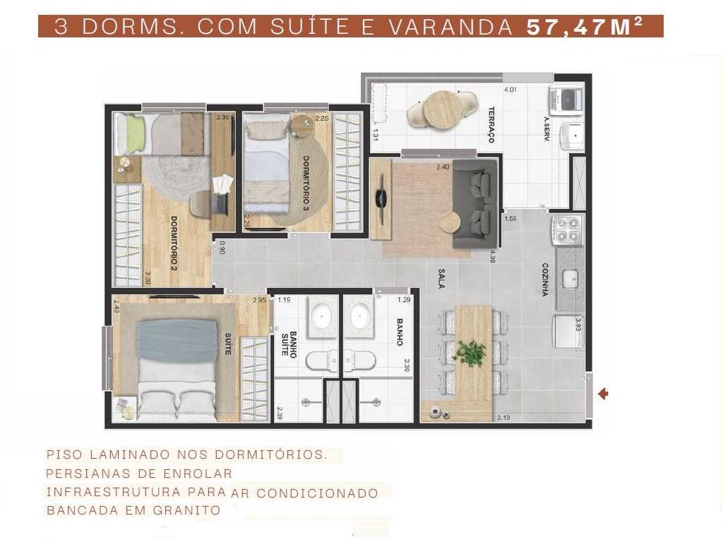 Planta - Modern. Apartamento à venda, 3 Dorms, Suíte, Terraço e Vaga. 57m² zona leste, centro. Mooca, Cambuci. Financiamento Caixa - SBRX
