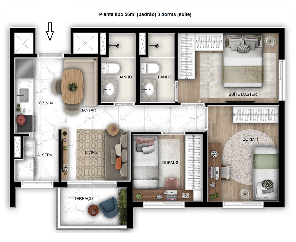 Planta - Apartamento com 3 dormitorios, suite, terraço e vaga. Novo à venda em São Paulo, Conceição, jabaquara. Metro Conceição. Lazer Completo - SBRX