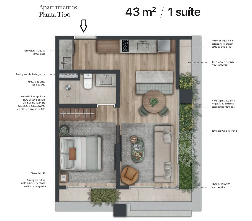 Planta - Apartamento exclusivo, 43m², 1 Suite, Terraços, alto padrão, venda, Itaim Bibi, São Paulo - SBRX