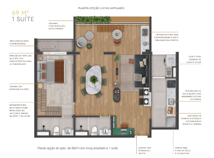 Planta - Apartamento com 2 Dormitórios, Suíte ou 1 Dorm (Suite), Terraço e Vaga. 69m². Venda, em São Paulo, Zona Sul, Vila Mariana, Mirandopolis - SBRX