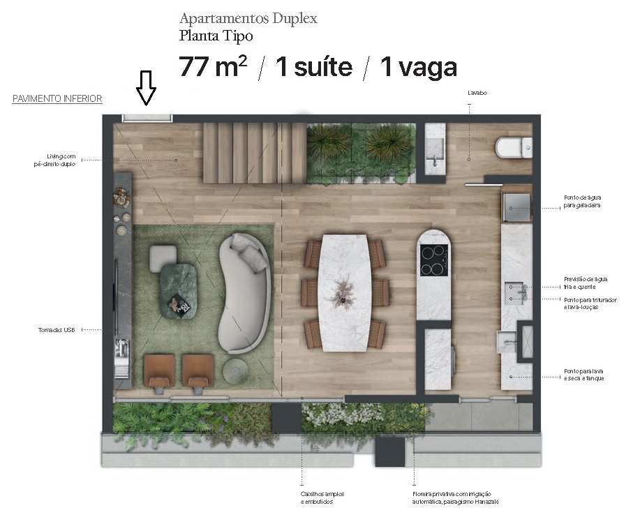Planta - Apartamento Duplex diferenciado, 77m², 1 Suite, Lavabo, Terraços, Vaga, Alto padrão, venda, Itaim Bibi, São Paulo - SBRX