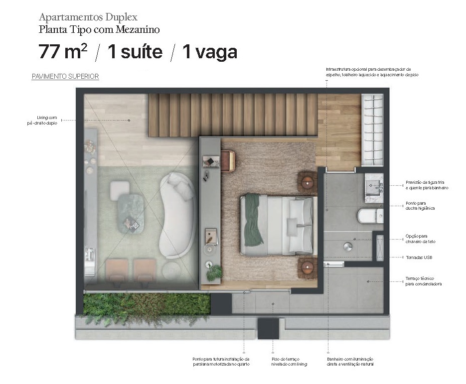 Planta - Apartamento Duplex diferenciado, 77m², 1 Suite, Lavabo, Terraços, Vaga, Alto padrão, venda, Itaim Bibi, São Paulo - SBRX