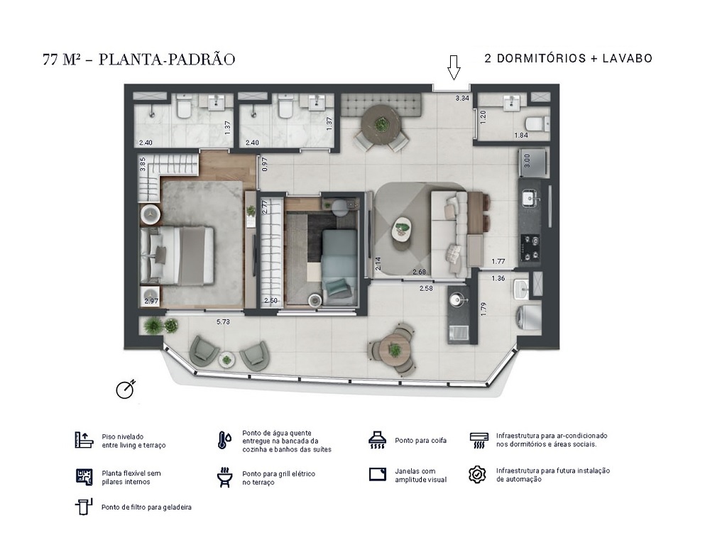 Planta - Apartamento com 2 Dormitorios, suite e amplo terraço e vaga. 77m², à venda em São Paulo, Real Parque, Parque Global - SBRX