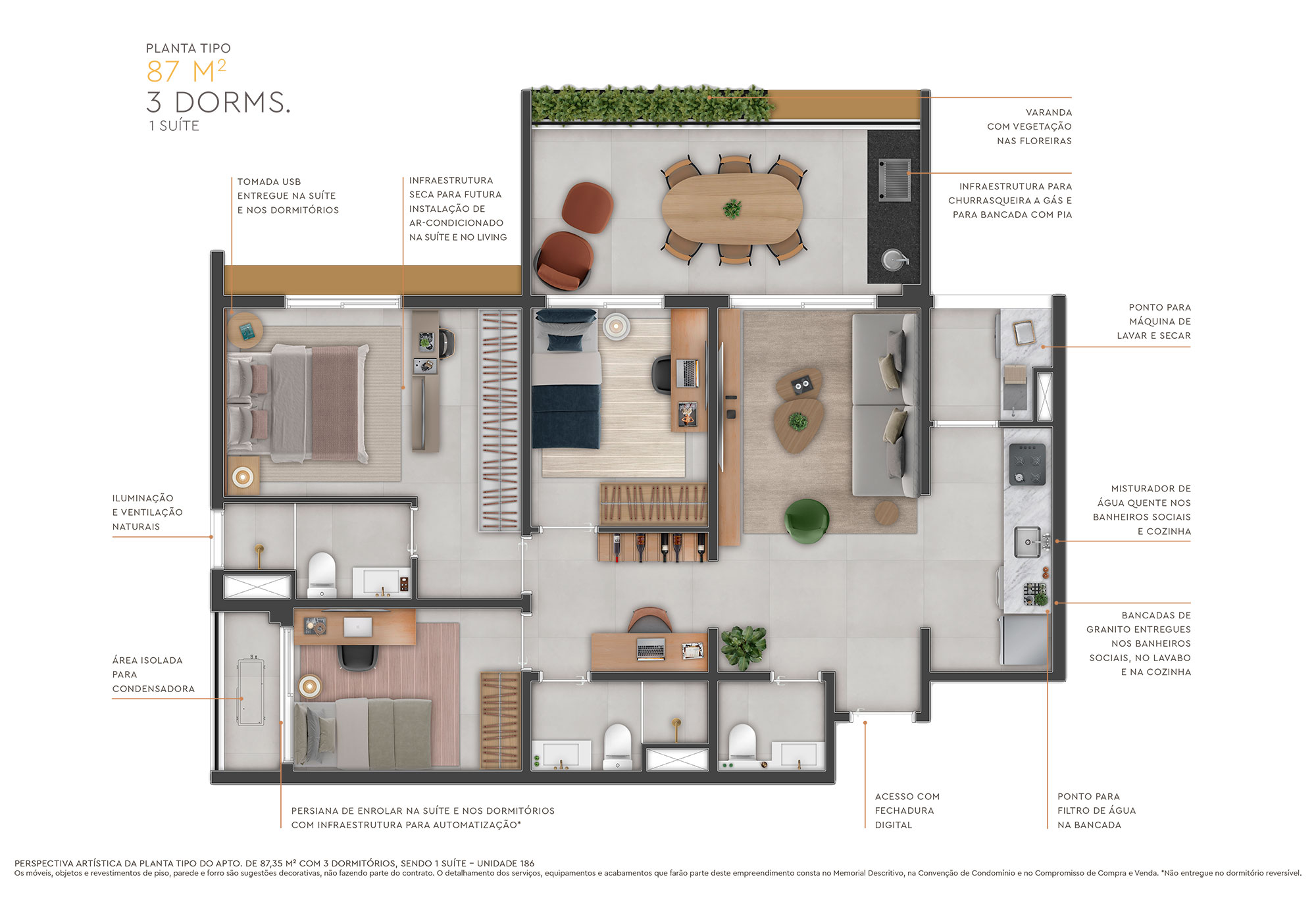 Planta - Apartamento com 3 Dormitórios, Suíte ou 2 Suites, Terraço e Vaga. 87m². Venda, em São Paulo, Zona Sul, Vila Mariana, Mirandopolis - SBRX