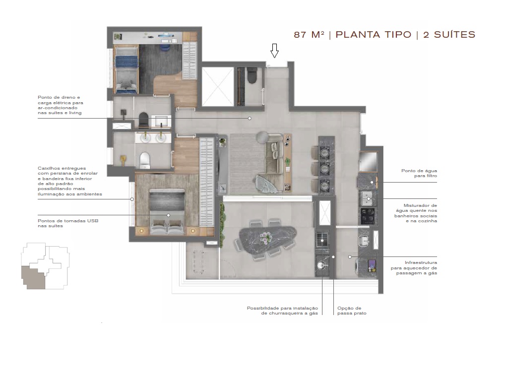 Planta - Apartamento 2 dormitorios, sendo 2 suites, terraço e vaga. 87m². Novo à venda, Metro Vila Madalena. Vila Madalena, Pompeia. - SBRX