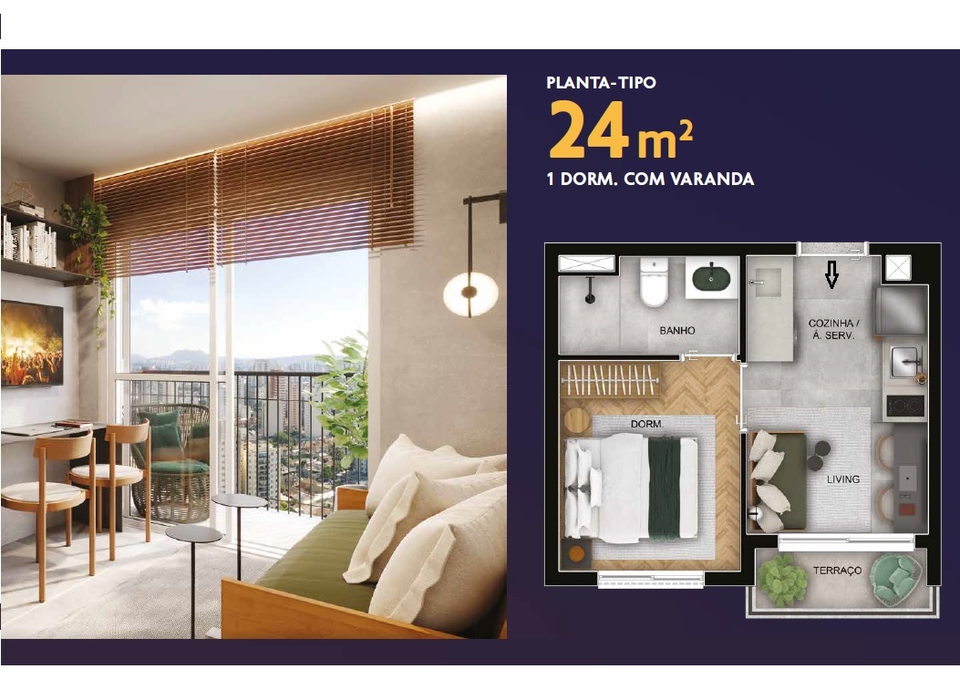 Planta - Apartamento Vila olimpia, 1 dormitorio ou Studioe terraço na Vila Olimpia, zona sul, São Paulo. Novo a venda. Proximo do Shopping e metro Vila Olimpia - SBRX