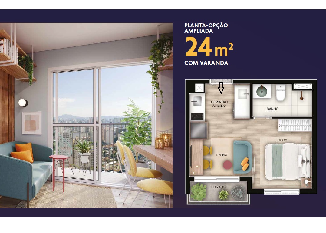 Planta - Apartamento Vila olimpia, 1 dormitorio ou Studioe terraço na Vila Olimpia, zona sul, São Paulo. Novo a venda. Proximo do Shopping e metro Vila Olimpia - SBRX