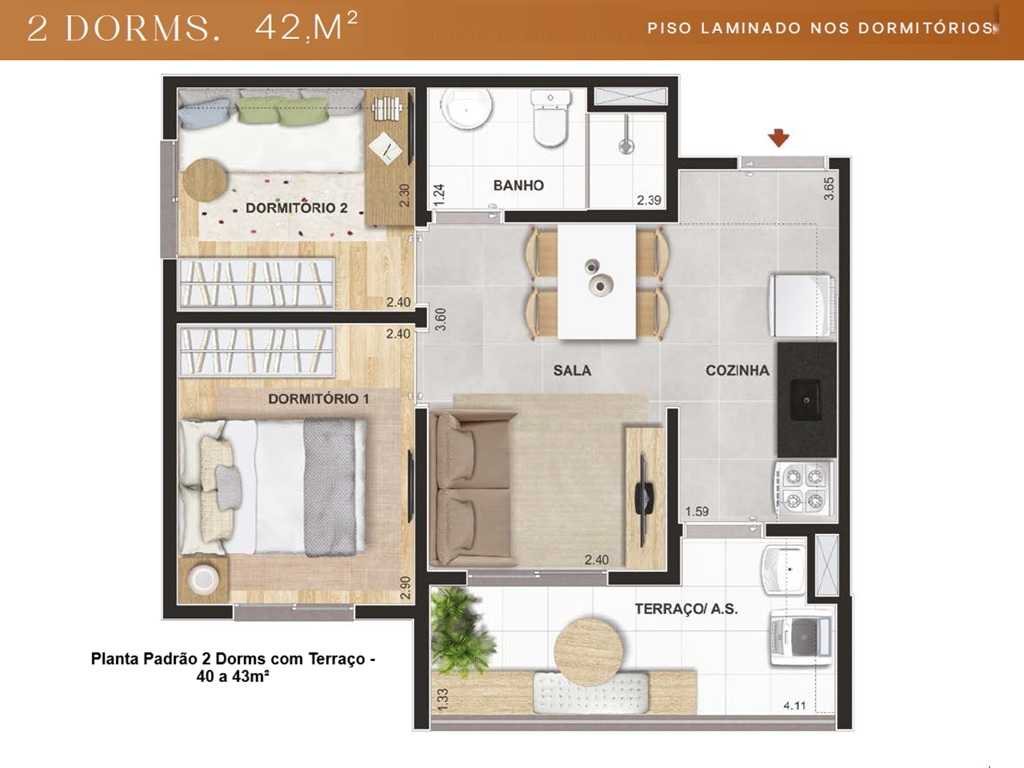 Planta - Apartamento à venda, 2 Dormitorios com amplo terraço. 42m². Ao lado do Metro. Água Branca, Barra Funda. Amplo lazer. Financiamento Caixa - SBRX